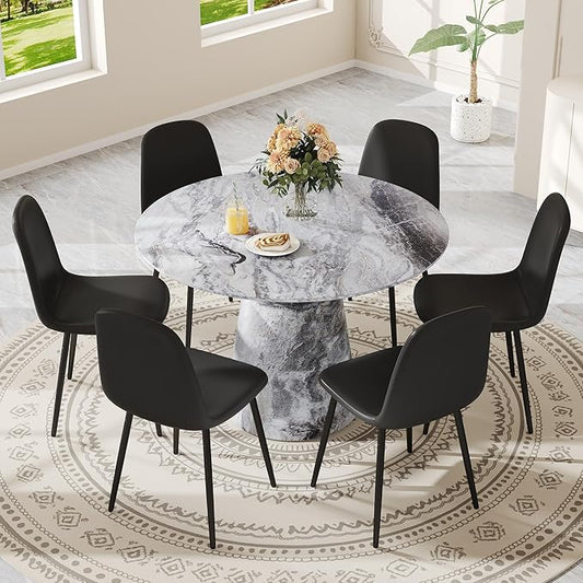 Round Dining Table Set for 6, 45" Modern Faux Marble Kitchen Table and Upholstered Chairs, 7 Piece Circle Dinner Set for Dining Room, Kitchen (Marble Gray Set)