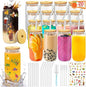 Glass Cups with Lids and Straws 20 Pcs 16 oz Ice Coffee Cup Skinny and Long Can Beer Cups Set Drinking Glasses with Bamboo Lids Reusable Glass Cups Ideal for Smoothies & Beverages