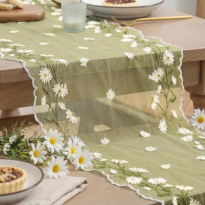 Artoid Mode Daisy Floral Fern Green Shaped Gauze Embroidery Table Runner 120 - Image 7
