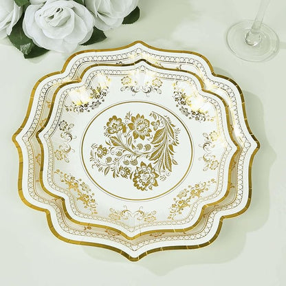 50 Pack 8" White Gold French Toile Dessert Plates, Disposable Round Paper Floral Pattern Appetizer Salad Plates 300 GSM for Party Decoration