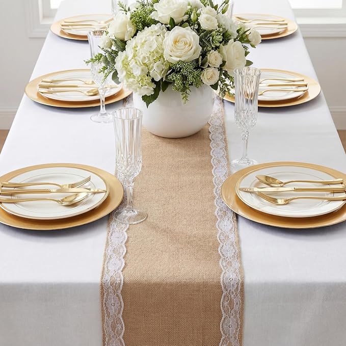 Tatuo 12 Pcs Lace Burlap Table Runner 12'' x 72'' Rustic Jute Hessian Farmhouse - Image 6