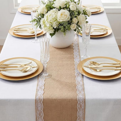 Tatuo 12 Pcs Lace Burlap Table Runner 12'' x 72'' Rustic Jute Hessian Farmhouse - Image 6