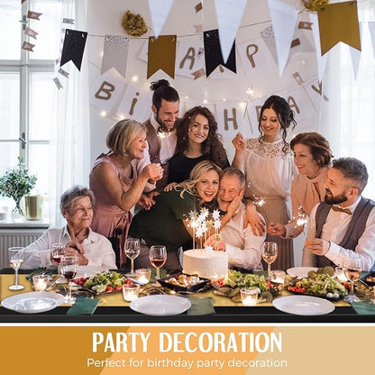 Breling 8 Pack New Year Black and Gold Disposable Plastic Tablecloths and Satin Table Runner Set, 54 x 108 Inch Tablecloth, 12 x 108 Inch Table Runners for Wedding Graduation Birthday Baby Shower
