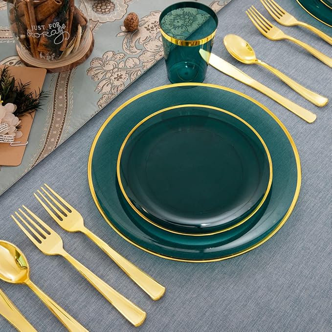 LIYH 180 Pcs Clear and Green Gold Plastic Christmas Plates - Image 6