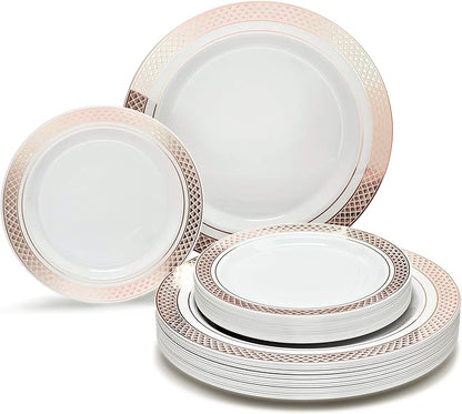 OCCASIONS 240 Plates Pack,(120 Guests) Heavyweight Premium Wedding Party Disposable Plastic Plates Set -120 x 10.5'' Dinner + 120 x 7.5'' Salad/Dessert plates (Celebration White & Rose Gold)