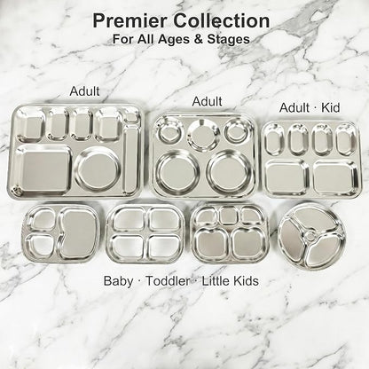 Korean Stainless Steel Divided Plates with Cutlery Slot for Adults, Premium 304, Electro-Polished, No Black Residue, BPA-Free, XL 8-Compartment Food Tray, Camping, Set of 2