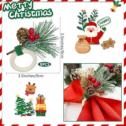 WINGFISH Christmas Napkin Rings Set of 12 Snowy Pine Cone Poinsettia Red Berry Wooden Napkin Rings Christmas Napkin Holders Decor for Xmas Holiday Party Gathering Dinner