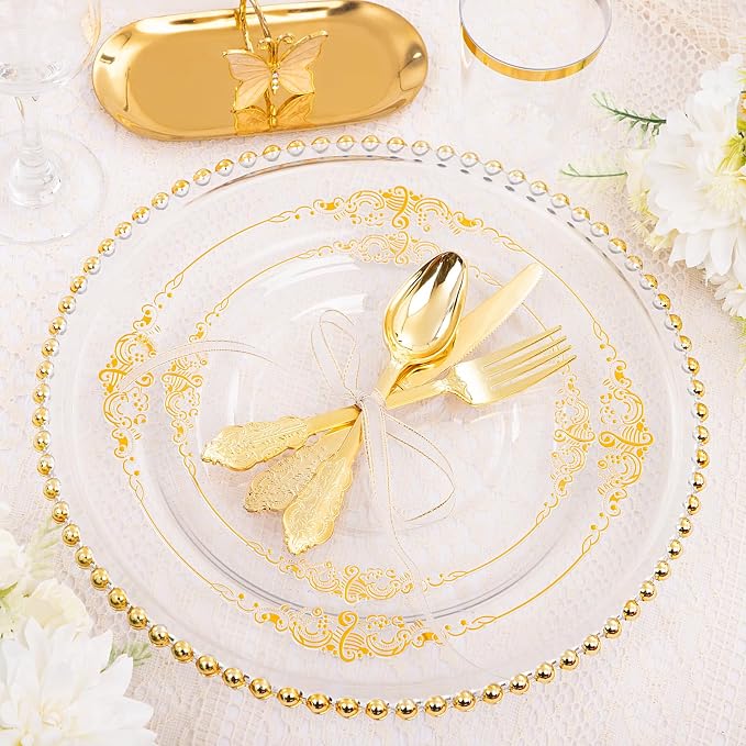 210 Pcs Clear Gold Plates for Party | Clear Party Plates Set for 30 Guests - Image 4