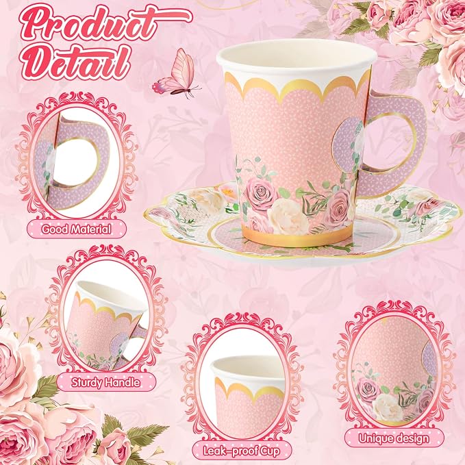 Tioncy 100 Pcs Tea Party Decorations Include 50 Pieces 9 oz Paper Tea Cups - Image 3