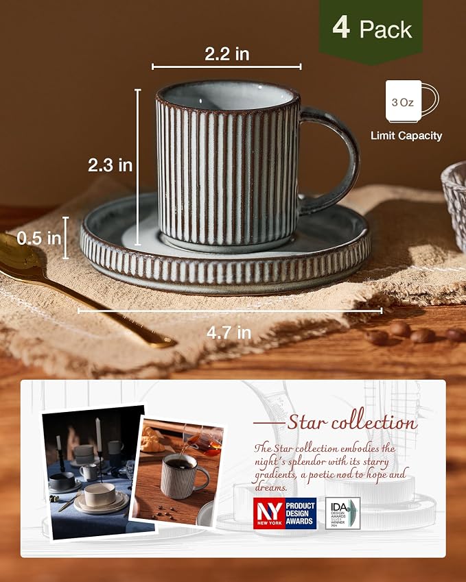 famiware Star Espresso Cups and Saucers Set of 4, 3 oz Ceramic Small Coffee Mug - Image 4
