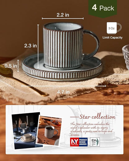 famiware Star Espresso Cups and Saucers Set of 4, 3 oz Ceramic Small Coffee Mug - Image 4