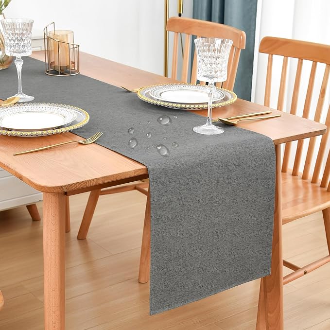 Faux Linen Table Runner Water Resistant 13 x 60 in, Charcoal | Farmhouse Rustic by Nacuci
