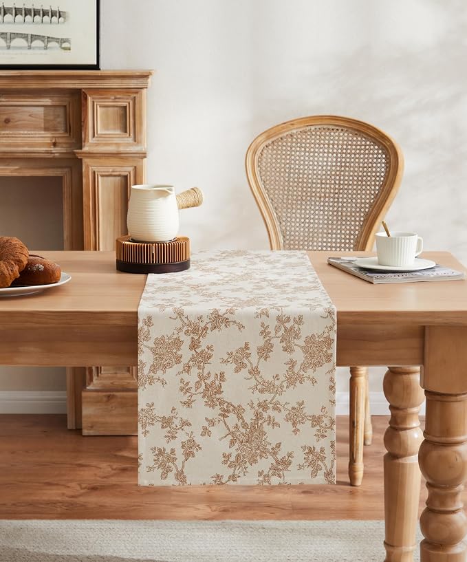 French Pastoral Farmhouse Table Runners, 13x36 Inch Brown | 100% Organic Cotton - Image 2