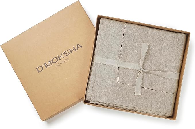 D'Moksha Homes Natural Linen Tablecloth 60 x 156 Inch - 100% Pure Linen Natural Tablecloth for Rectangle Tables - Classic Hemstitch, Machine Washable Table Cloth for Valentines, Spring, Easter