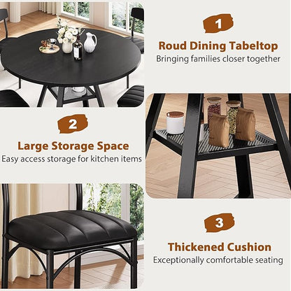 51‘’ Round Dining Table Set for 4, Kitchen Table and Chairs for 4, Circle Table Round Pedestal Dining Room Dinner Dinette Table Set,5 Piece Space Saving Wood Kitchen & Dining Room Tables (Black, 51In)