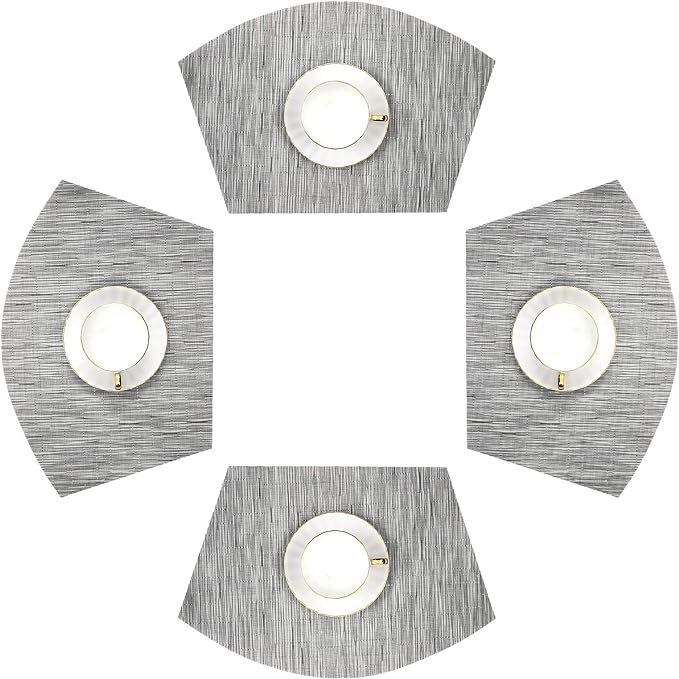 SHACOS Small Round Table Placemats Set of 4 Wedge Placemats Heat Resistant Woven Vinyl Table Mats Wipe Clean (4, Silver Gray)