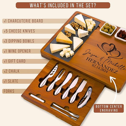 Personalized Acacia Wood Charcuterie Board Set with Stainless Steel Knives – Custom Cheese Board for Wedding, Valentines Day Gifts for Her, Housewarming, Bridal Shower, Anniversary, Women and Couples
