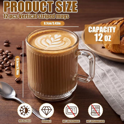 12 Pack Glass Coffee Mugs with Handles, 12 Ounces Glass Breakfast Mugs Bulk - Image 2