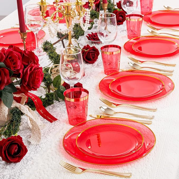 LIYH 180 Pcs Clear Red Plastic Plates Disposable - Image 7
