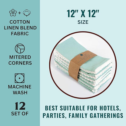 Fingercraft Dinner Cloth Napkin Cotton Linen Blend 12 Pack Mitered Corners with Elegant Lace for Everyday Use Napkins are Pre Shrunk and Good Absorbency (Aqua, 12in x 12in)