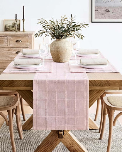 Linen Checked Farmhouse Table Runner, 13x72 Inches Pink | Raised Grid Design - Image 2