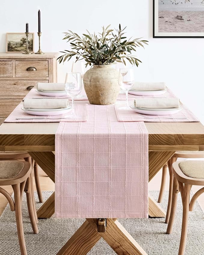 Linen Checked Farmhouse Table Runner, 13x36 Inches Pink | Raised Grid Design - Image 2