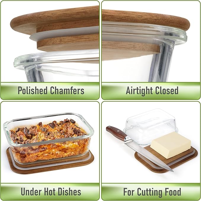 Natural Acacia Lids Set for Food Storage Glass Containers (4pcs) - Lids are compatible with all Glass Food Storage Containers Sets