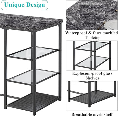 VECELO Small Bar Table and Chairs Set for 2, Upholstered Stools & Glass Storage Shelves, for Kitchen Dining Breakfast Nook, Space-Saving, Faux Marbled & Black