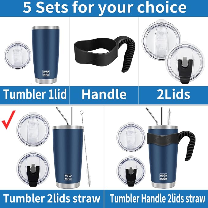 WETOWETO 20oz Tumbler with 2 lids and 2 straws, Stainless Steel Vacuum - Image 2