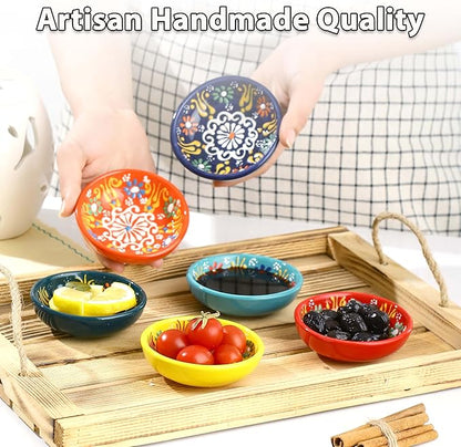 Ceramic Small Bowls, Dipping Bowls Set of 6, 2.5 Oz Soy Sauce Dish, Handmade Charcuterie Bowls, Colorful Pinch Bowls, Dishwasher & Microwave Safe Sauce Bowls, 3.3" Mini Bowls (SULTAN'S GARDEN)