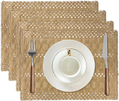 Burlap Placemats Set of 4, 12x18 Inch Natural Cotton Jute and Kitchen Woven by Niviy