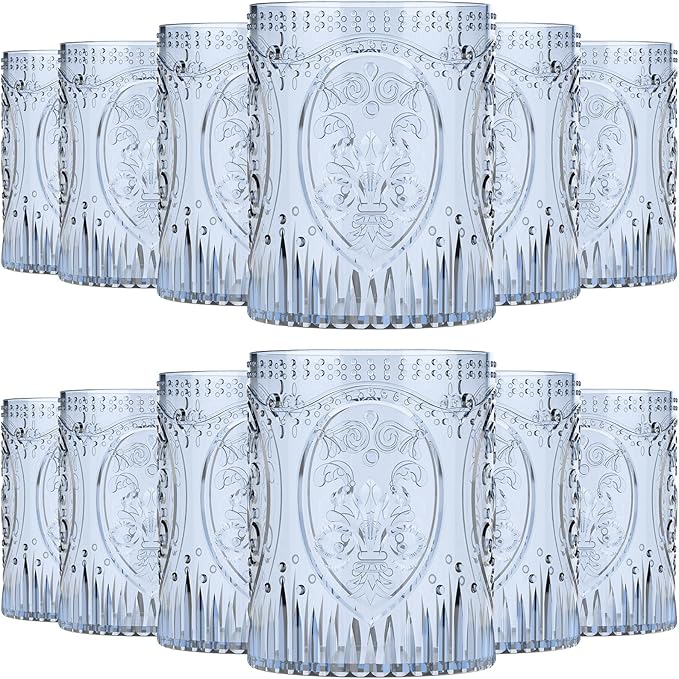 Qinyoung 12 Plastic Vintage Drinking Glasses 8.5oz Stemless Retro Embossed Wine by Qinyoung