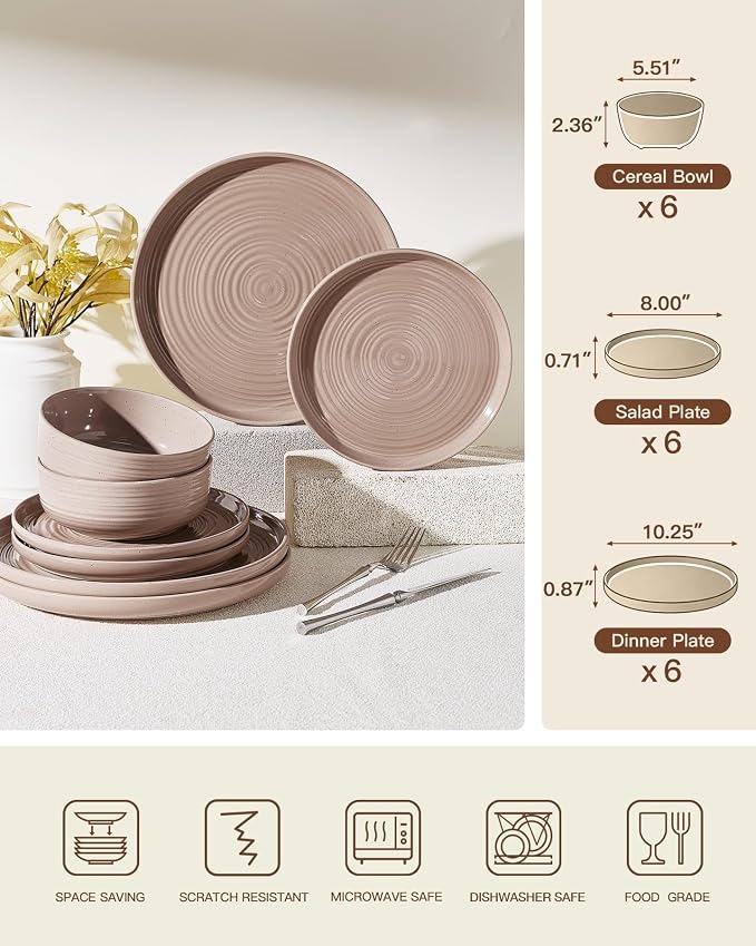 Stoneware Dinnerware Set for 6, Plates and Bowls, Chip & Scratch Resistant - Image 7