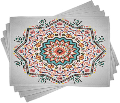 Ambesonne Tribal Place Mats Set of 4, Abstract Style Themed Boho Sun Pattern Art Print on Greyscale Background, Washable Fabric Placemats for Dining Table, Standard Size, Turquoise Coral