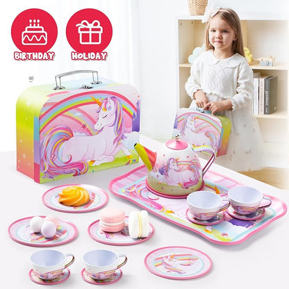 JOYIN Unicorn Tea Party Set for Little Girls, Pretend Pink Tin Teapot Set - Image 8