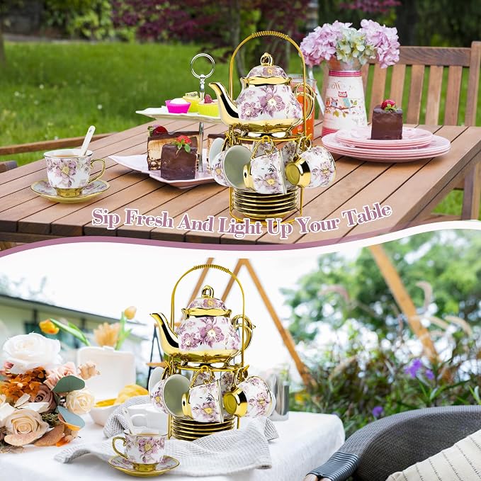 20 Pcs Porcelain Tea Set with Metal Holder, European Ceramic Tea Set - Image 7