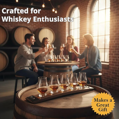 Barrel Stave Premium Whiskey Flight for use with 5 Glencairn Glasses. No Glasses Included, Dark Walnut