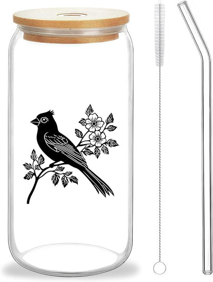 Cute Cardinal Glass Cup With Lids And Straws, Cardinal Gift For Women, Iced, Coffee, Smoothie, Cocktail, Beer, Whiskey, Soda, Matcha,16 Oz, Home Office Table Desk Decoration!
