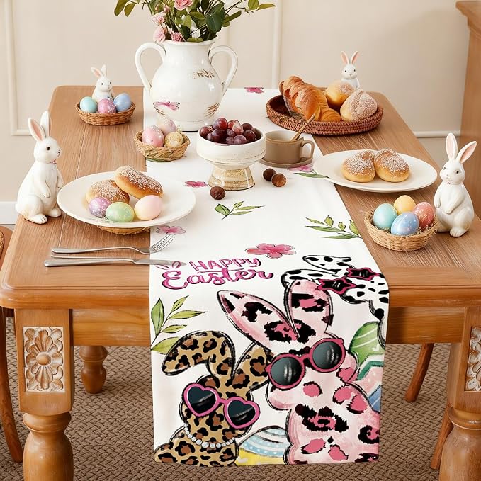 Happy Easter Bunny Table Runner, Egg Burlap Table Runners, Spring Leopard Print - Image 9