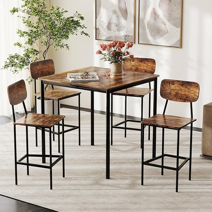 COSTWAY Dining Table Set for 4, 5-Piece Square Kitchen Nook Dinette Set with 4 Bar Stools with Footrest, Backrest, Space-Saving Design, Industrial Kitchen Table and Chairs for Apartment, Coffee
