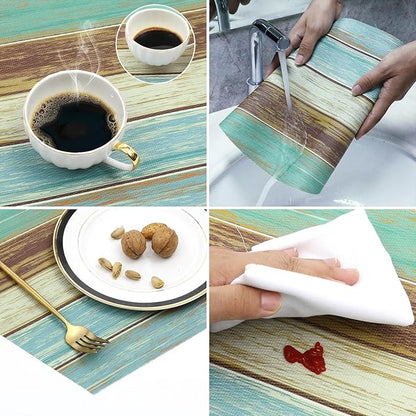 SHACOS Small Round Table Placemats Set of 5 Woven Vinyl Wedge Placemats with Centerpiece Round Table Mats Wipe Clean, Teal Brown Stripe Wood Board