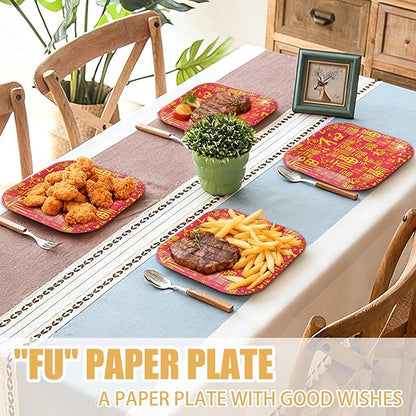30 Pcs Chinese New Year Paper Plates Square Plates, 8.7" Disposable Plates Heavy Duty Decorative Plates Food Trays, Dinner Platters Dessert Plates for Spring Festival Lunar New Year Party Decorations