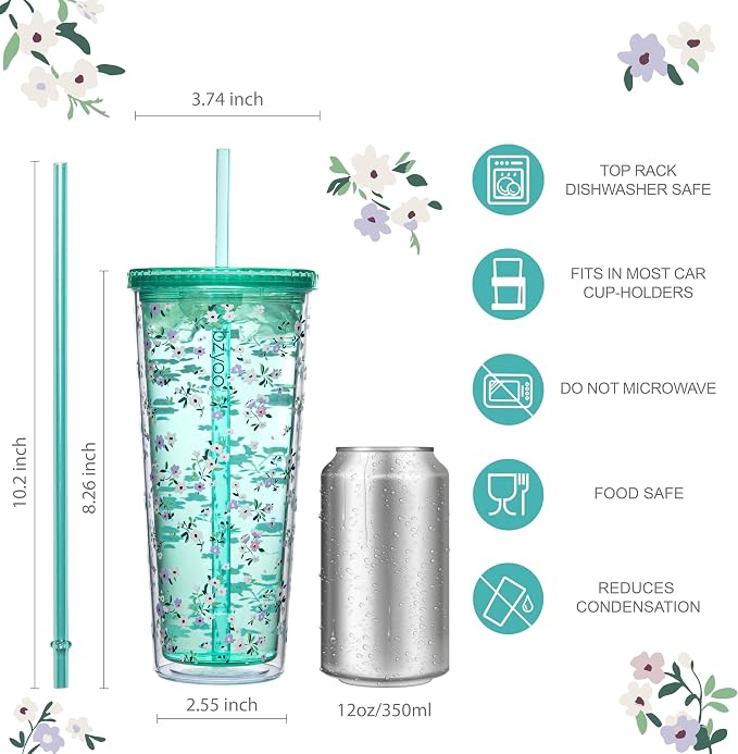 bzyoo 24oz Plastic Tumbler Cup, Lid & Straw, Iced Coffee Floral Mint | Double - Image 3