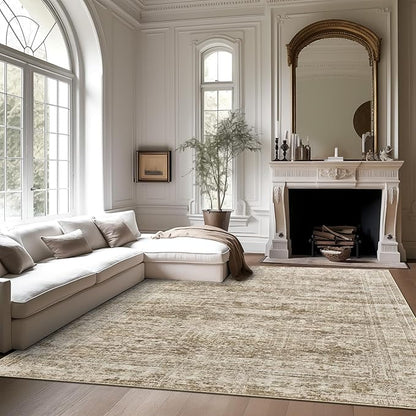 9x12 Area Rugs for Living Room, Non Slip Machine Washable Vintage Rugs, Low Pile Lightweight Large Rug for Bedroom, Dining Room, Home Office Brown