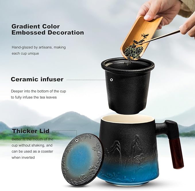 suyika Ceramic Tea Cup with Infuser and Lid, Gradient Embossed Large Tea Mug - Image 3
