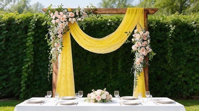 Pearl Table Runner Gauze Sheer 19FT Wedding Draping Fabric Decor | Yellow - Image 3