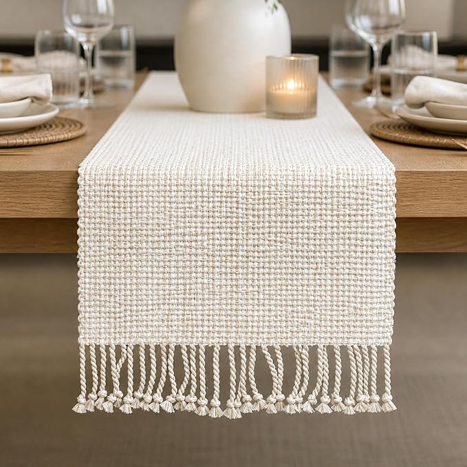 Cotton Table Runner, 13x72 Inch, Neutral Beige Ivory | Textured Woven Fabric - Image 2