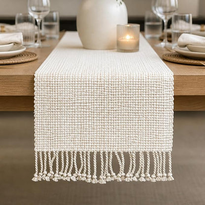 Cotton Table Runner, 13x72 Inch, Neutral Beige Ivory | Textured Woven Fabric - Image 2