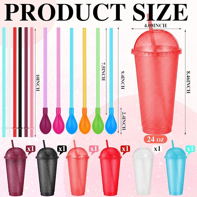 6 Set Slushie Cups with Dome Lids and Straws Detachable Spoon Straws Reusable - Image 2