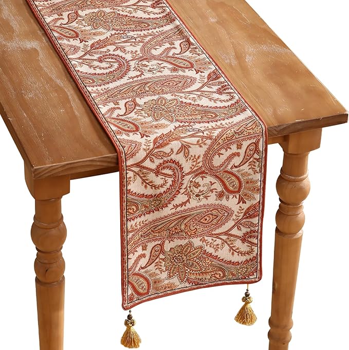 Designer French Linen Long Table Runner, Cashew Pattern, Dining Table, Kitchen by Isaennehomedecoration